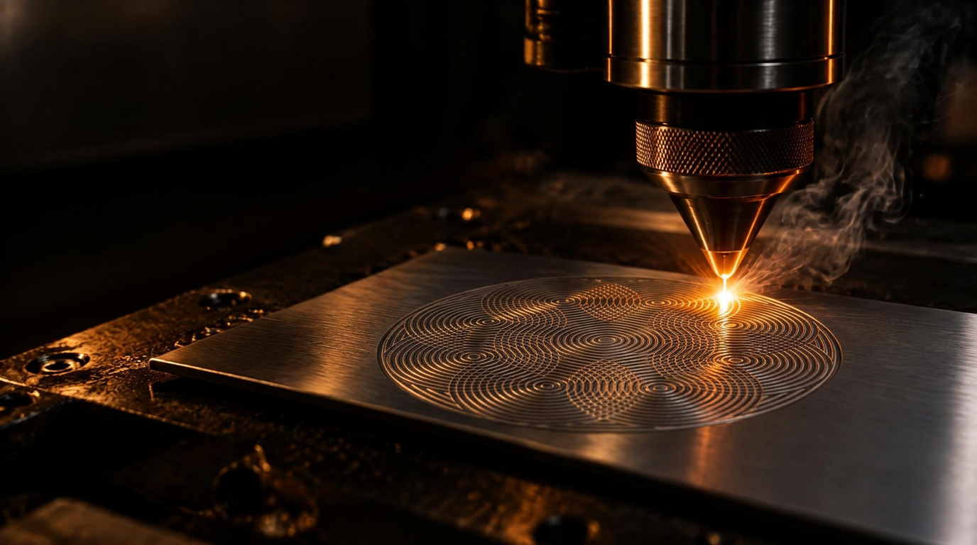 Laser de fibra gravando padrão em chapa de aço